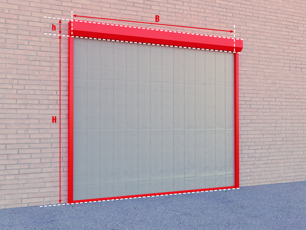 Накладной монтаж. Основные размеры. <br> Конструкция противопожарной шторы не влияет на эстетический вид помещения, так как полностью скрыта в коробе. Техническая простота изделия обеспечивает легкость монтажа.